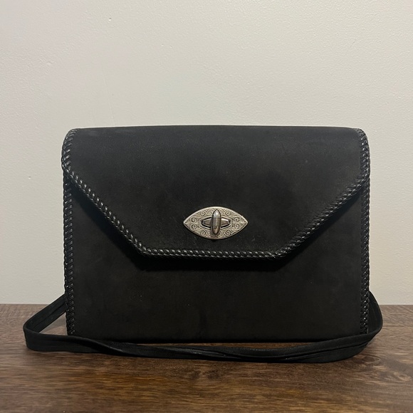 Vintage Handbags - VINTAGE 1930s BLACK SUEDE SHOULDER BAG